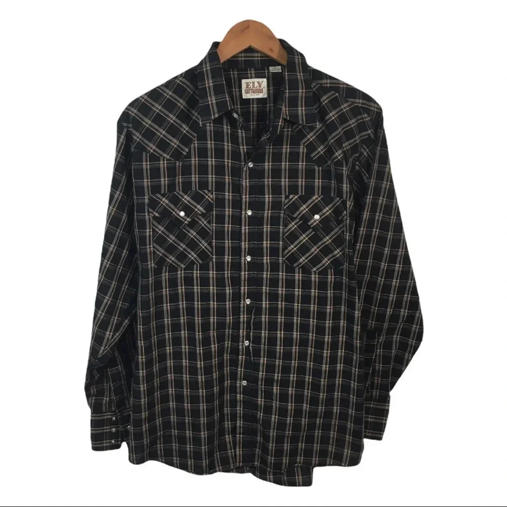 BF267 Mens Ely Cattleman Plaid Pearl Button Snap Cowboy Hipster Button Shirt L